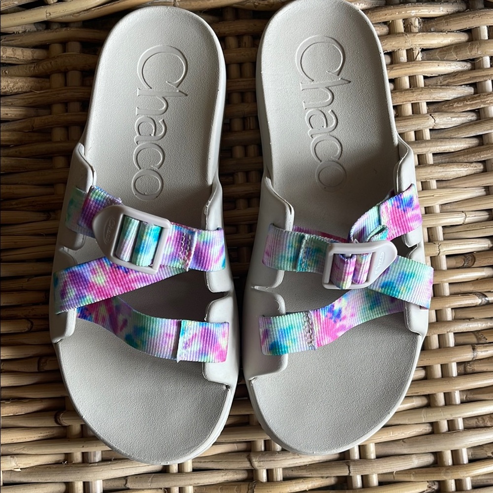 Chaco White Sandals with Tie-Dye Straps
